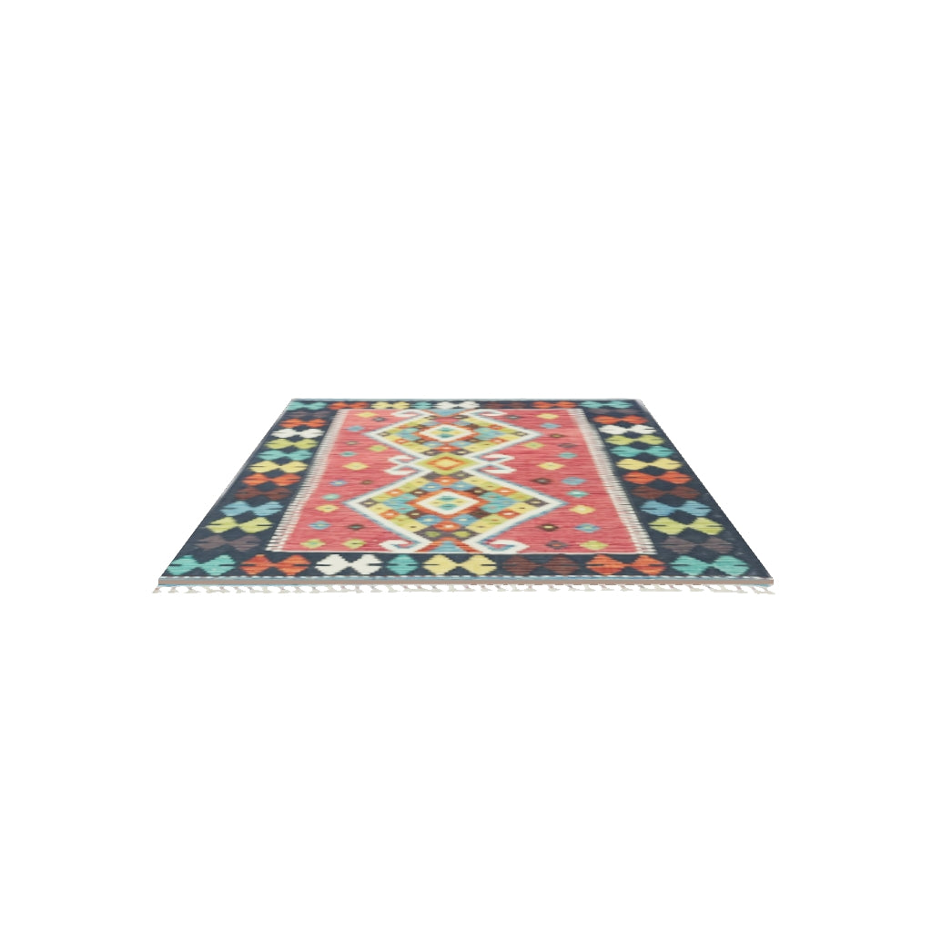 Afghan Kilim Rug 3x5 | Red, Navy & Teal | Hand-Woven Wool Flatweave | True-Size 3D Rug | View in Your Room