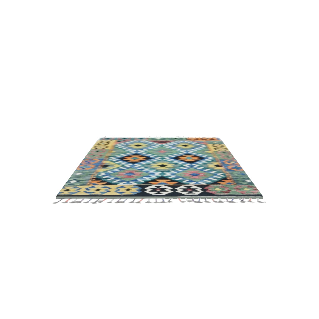 Afghan Kilim Rug 3x4 | Green, Blue & Black | Hand-Woven Wool Flatweave | True-Size 3D Rug | View in Your Room