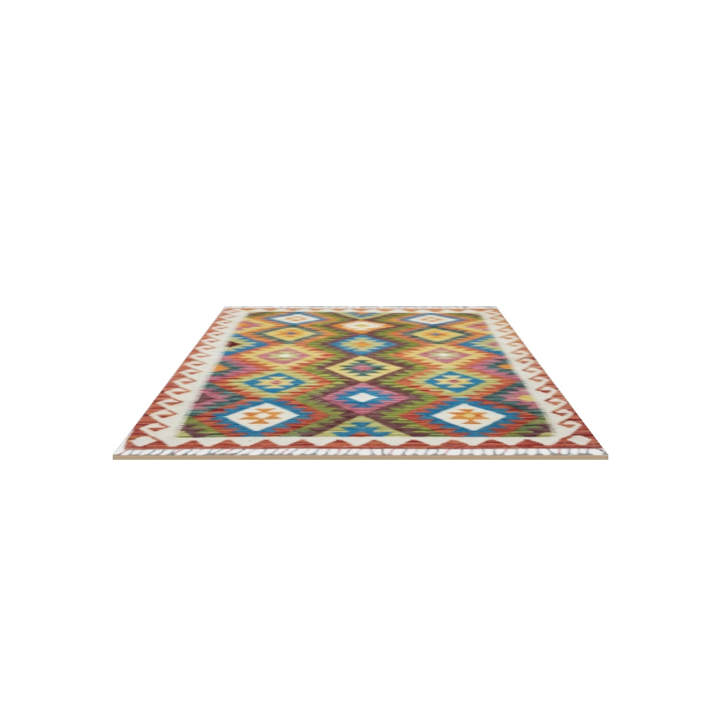 Afghan Kilim Rug 3x5 | Rust, Olive Green & Orange | Hand-Woven Wool Flatweave | True-Size 3D Rug | View in Your Room
