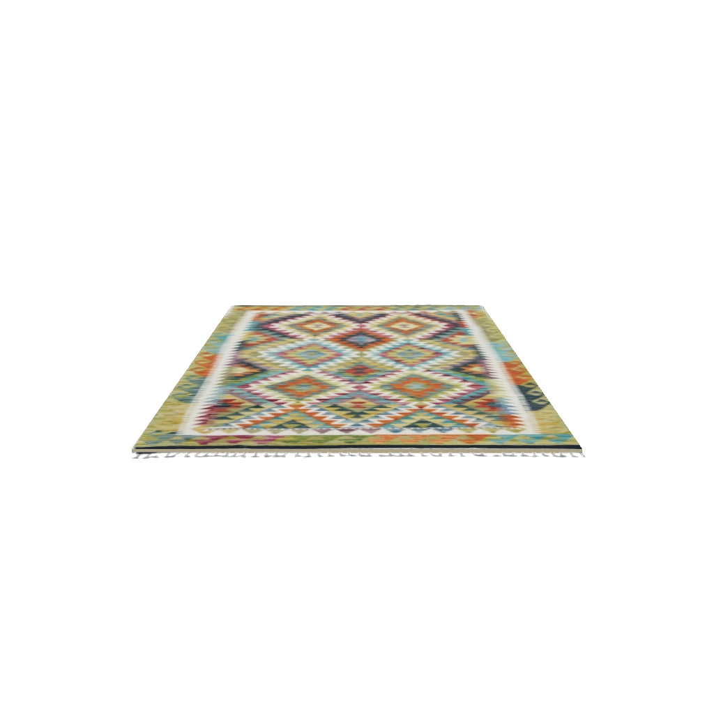 Afghan Kilim Rug 3x5 | Olive Green, Rust & Teal | Hand-Woven Wool Flatweave | True-Size 3D Rug | View in Your Room