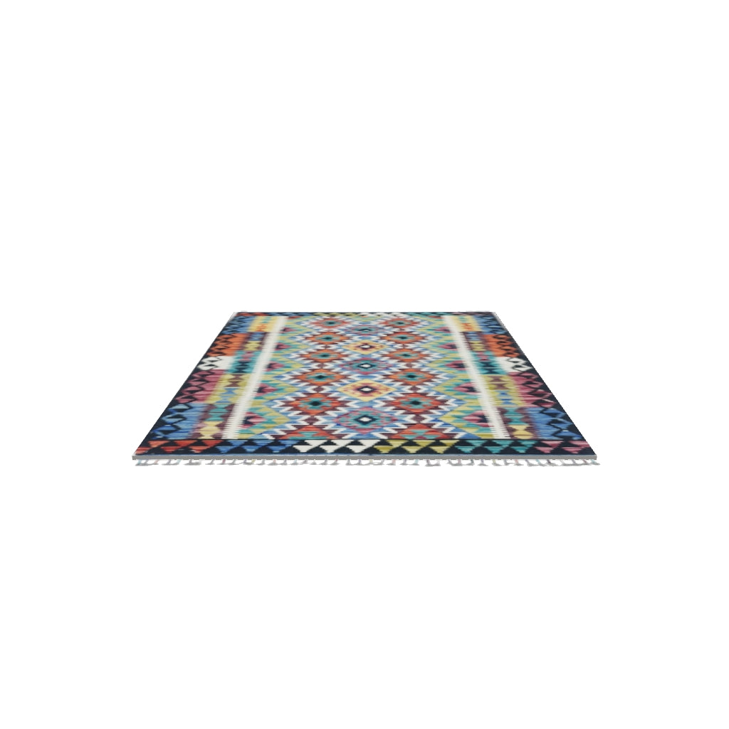 Afghan Kilim Rug 3x5 | Navy, Rust & Blue | Hand-Woven Wool Flatweave | True-Size 3D Rug | View in Your Room