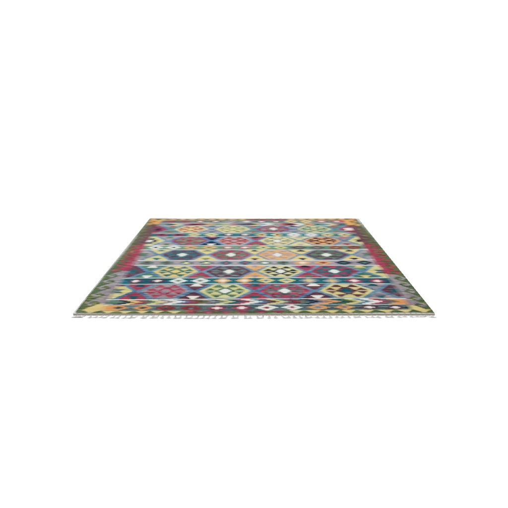 Afghan Kilim Rug 5x7 | Teal, Red & Gold | Striped Wool Flatweave | True-Size 3D Rug | View in Your Room