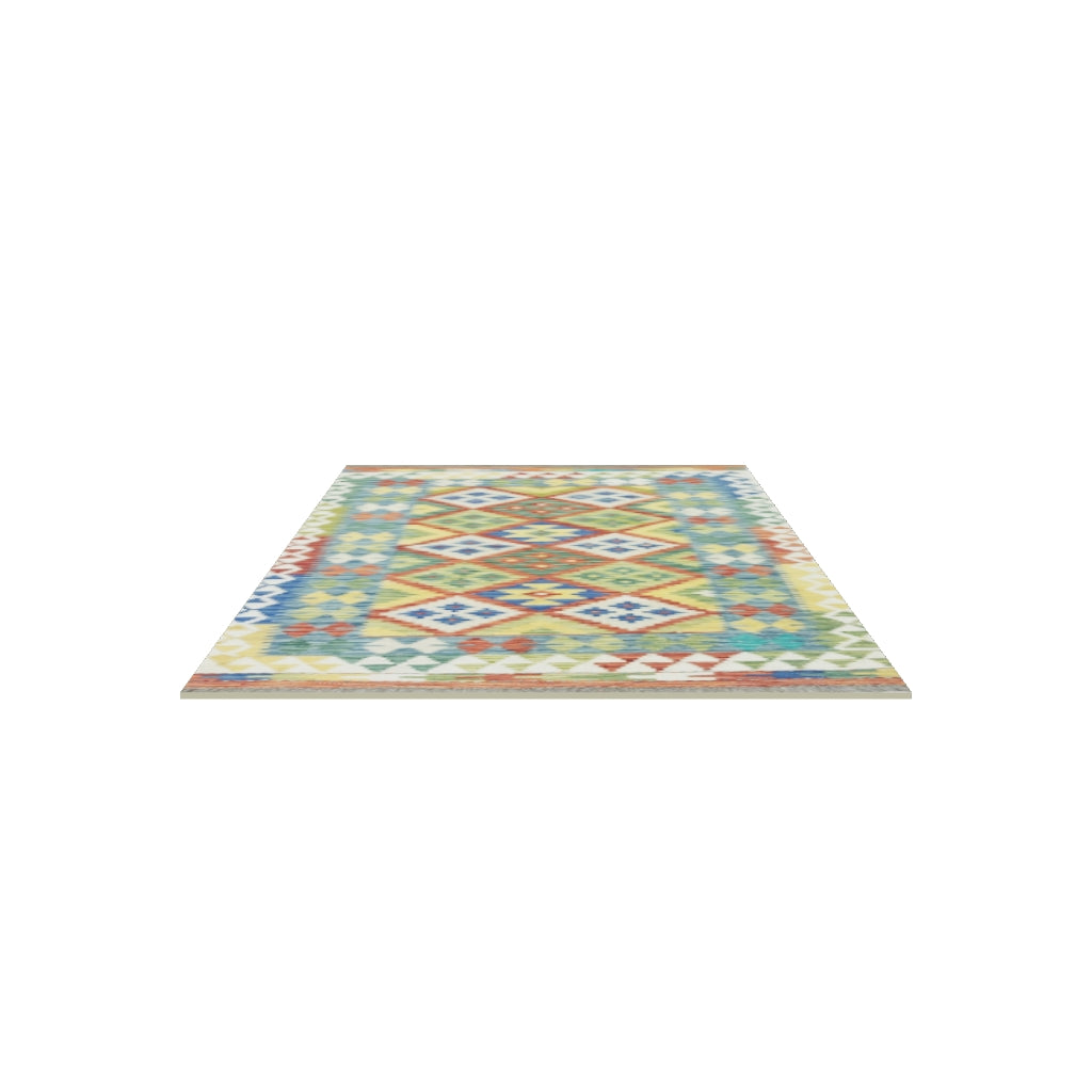 Afghan Kilim Rug 3x5 | Rust, Green & Ivory | Hand-Woven Wool Flatweave | True-Size 3D Rug | View in Your Room