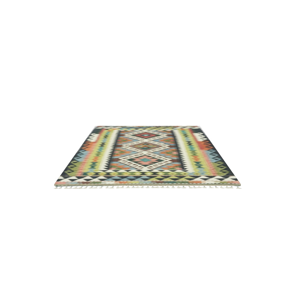 Afghan Kilim Rug 3x5 | Navy, Ivory & Olive Green | Hand-Woven Wool Flatweave | True-Size 3D Rug | View in Your Room