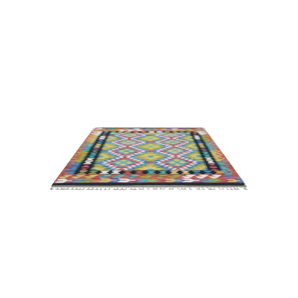 Afghan Kilim Rug 3x5 | Rust, Olive Green & Blue | Hand-Woven Wool Flatweave | True-Size 3D Rug | View in Your Room