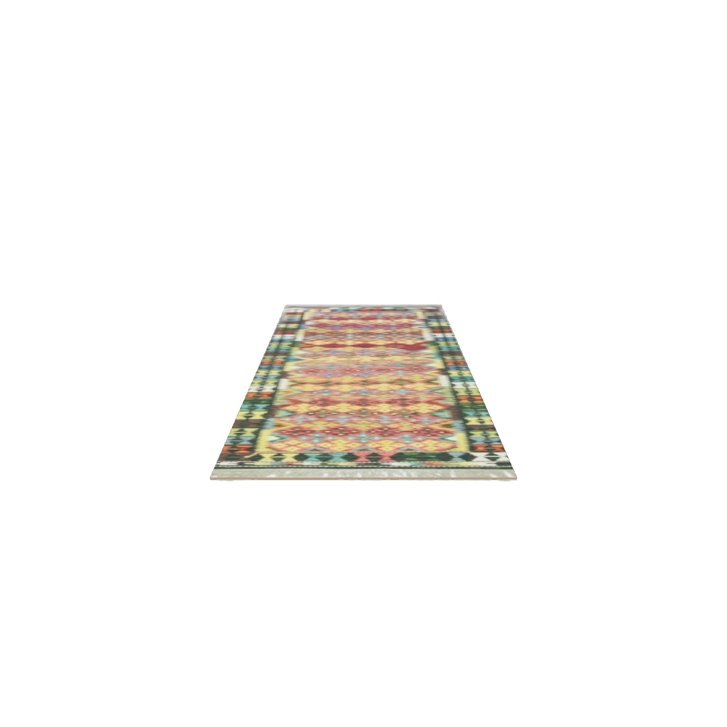 Afghan Kilim Runner 3x10 | Pink, Yellow & Black | Hand-Woven Wool Flatweave | True-Size 3D Rug | View in Your Room