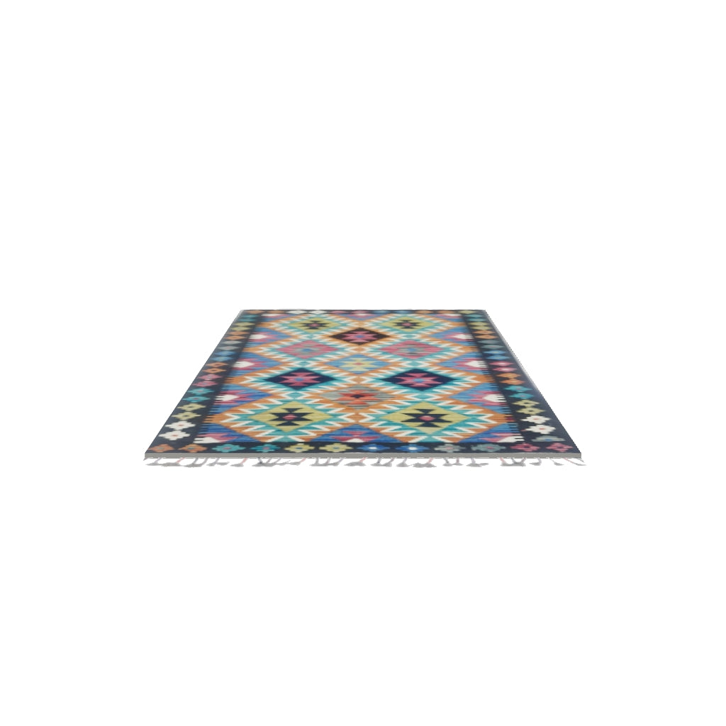 Afghan Kilim Rug 3x4 | Orange, Teal & Navy | Hand-Woven Wool Flatweave | True-Size 3D Rug | View in Your Room