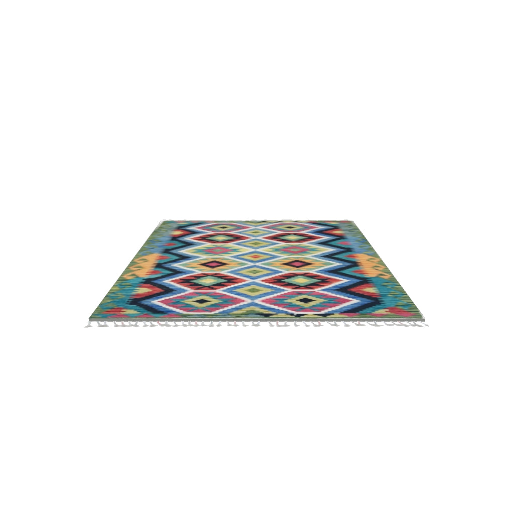 Afghan Kilim Rug 3x5 | Green, Teal & Red | Hand-Woven Wool Flatweave | True-Size 3D Rug | View in Your Room