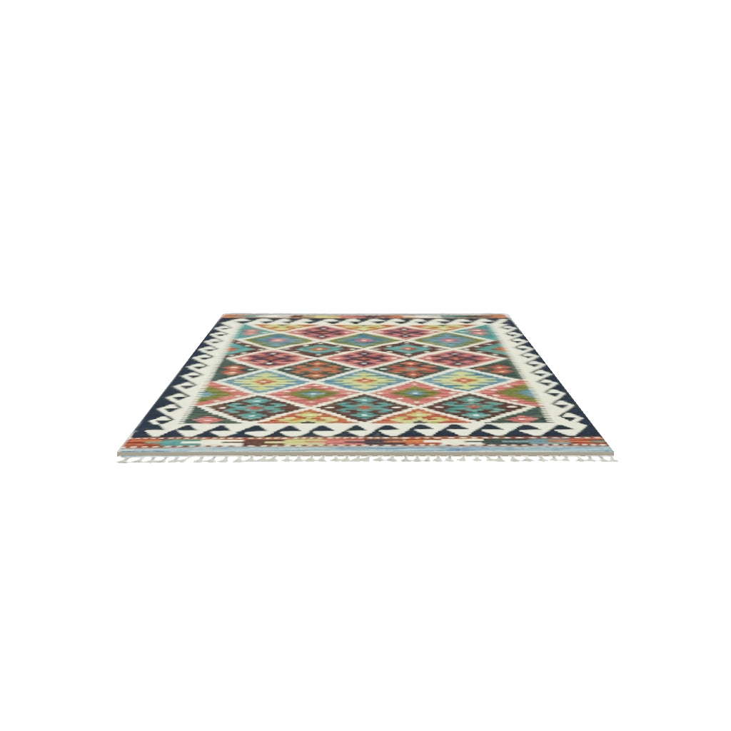 Afghan Kilim Rug 4x5 | Navy, Ivory & Rust | Hand-Woven Wool Flatweave | True-Size 3D Rug | View in Your Room