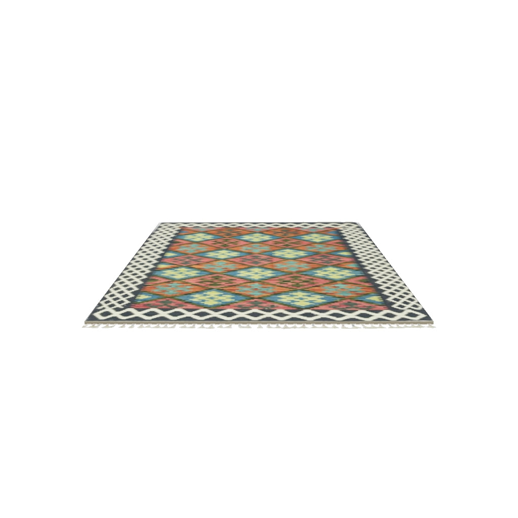 Afghan Kilim Rug 4x5 | Rust, Teal & Navy | Hand-Woven Wool Flatweave | True-Size 3D Rug | View in Your Room