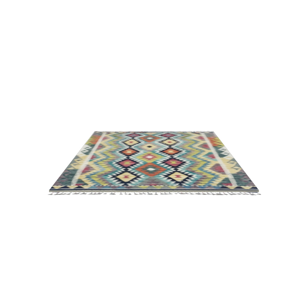 Afghan Kilim Rug 4x5 | Gray, Gold & Navy | Hand-Woven Wool Flatweave | True-Size 3D Rug | View in Your Room