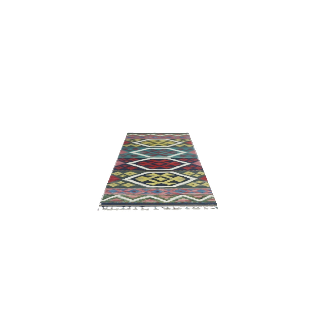 Afghan Kilim Runner 2x6 | Olive Green, Teal & Navy | Hand-Woven Wool Flatweave | True-Size 3D Rug | View in Your Room