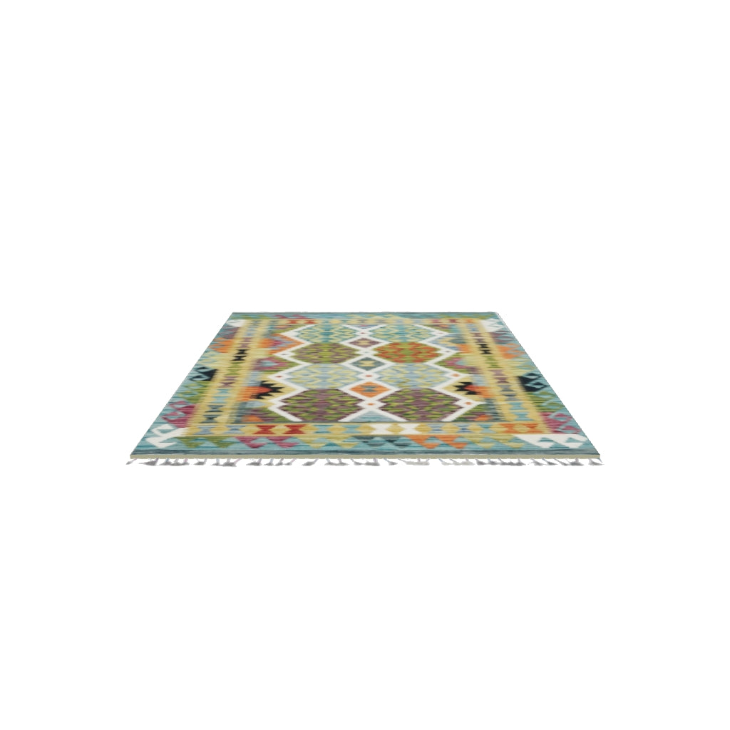 Afghan Kilim Rug 3x5 | Teal, Olive Green & Ivory | Diamond Lattice Wool Flatweave | True-Size 3D Rug | View in Your Room