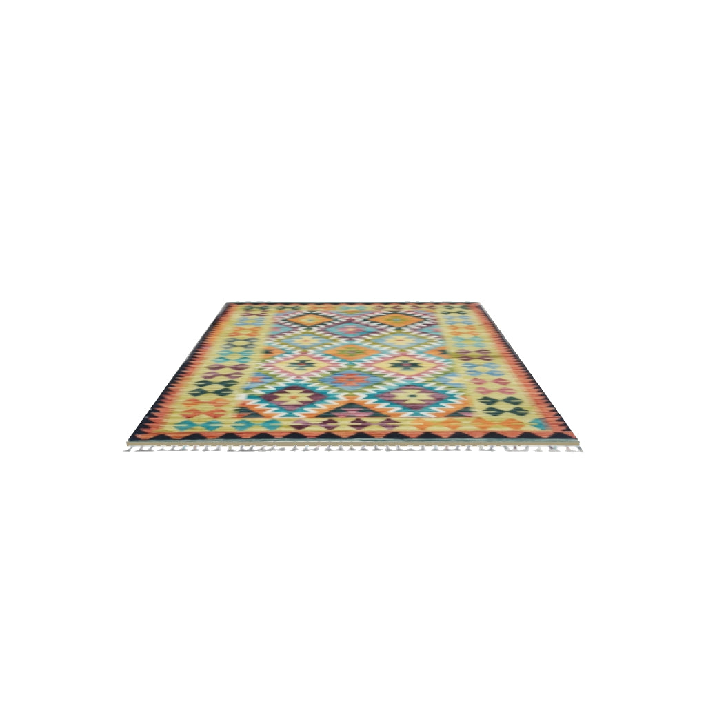 Afghan Kilim Rug 3x5 | Orange, Teal & Gold | Hand-Woven Wool Flatweave | True-Size 3D Rug | View in Your Room