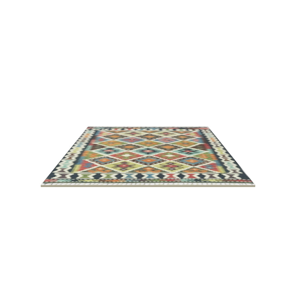 Afghan Kilim Rug 4x5 | Navy, Ivory & Olive Green | Hand-Woven Wool Flatweave | True-Size 3D Rug | View in Your Room