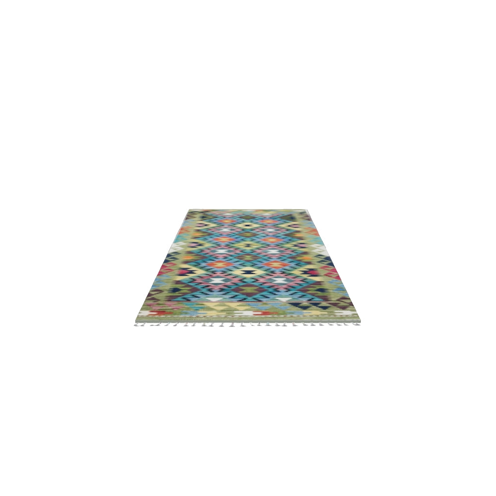 Afghan Kilim Runner 3x6 | Teal, Gold & Navy | Hand-Woven Wool Flatweave | True-Size 3D Rug | View in Your Room