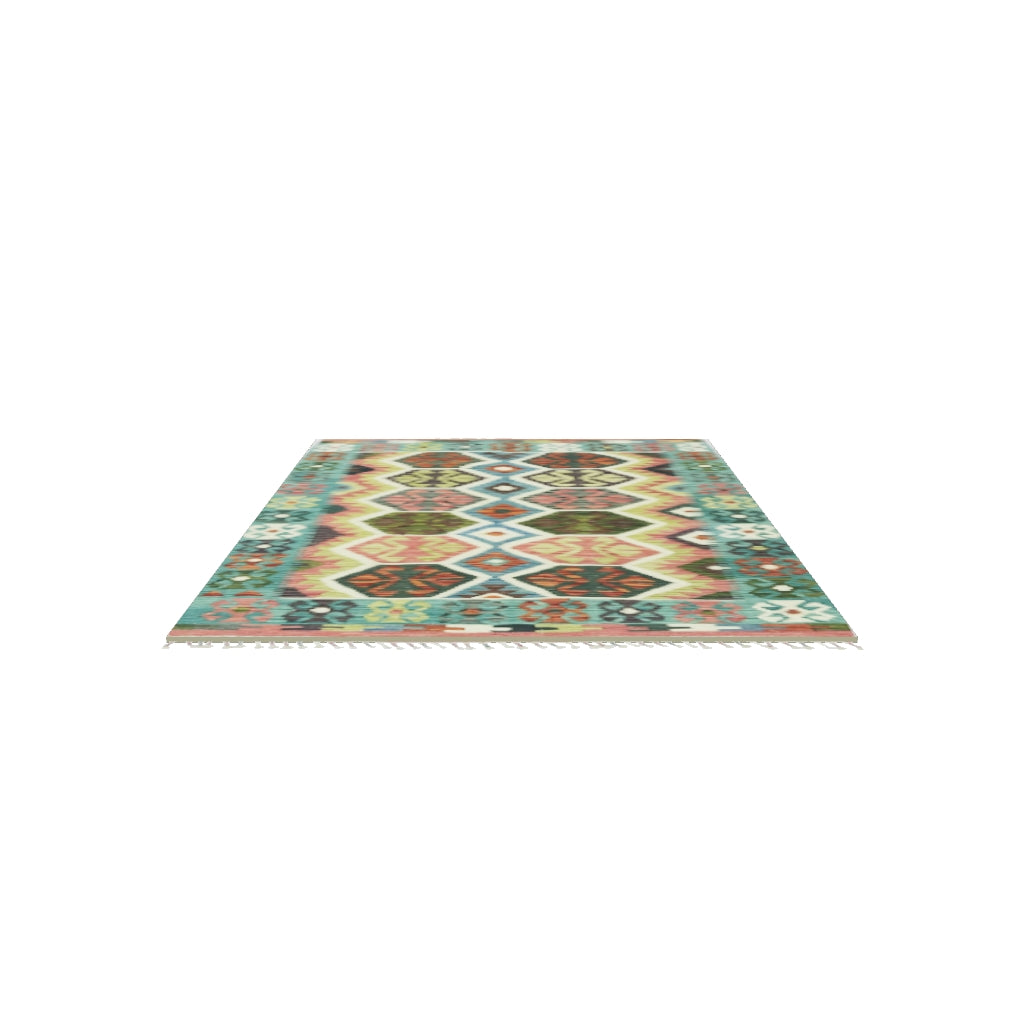 Afghan Kilim Rug 4x5 | Teal, Brown & Pink | Hand-Woven Wool Flatweave | True-Size 3D Rug | View in Your Room