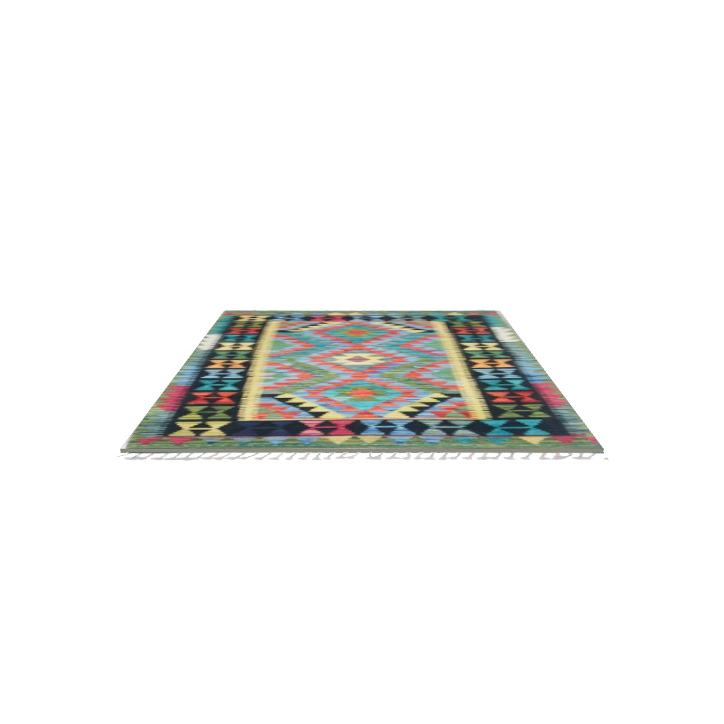 Afghan Kilim Rug 4x5 | Black, Teal & Green | Hand-Woven Wool Flatweave | True-Size 3D Rug | View in Your Room