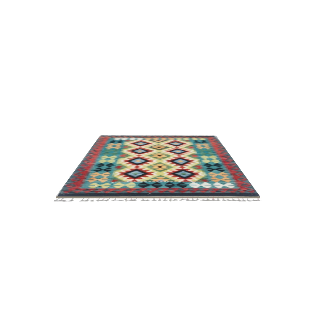 Afghan Kilim Diamond Rug 3x5 | Teal, Red & Gold | Hand-Woven Wool Flatweave | True-Size 3D Rug | View in Your Room