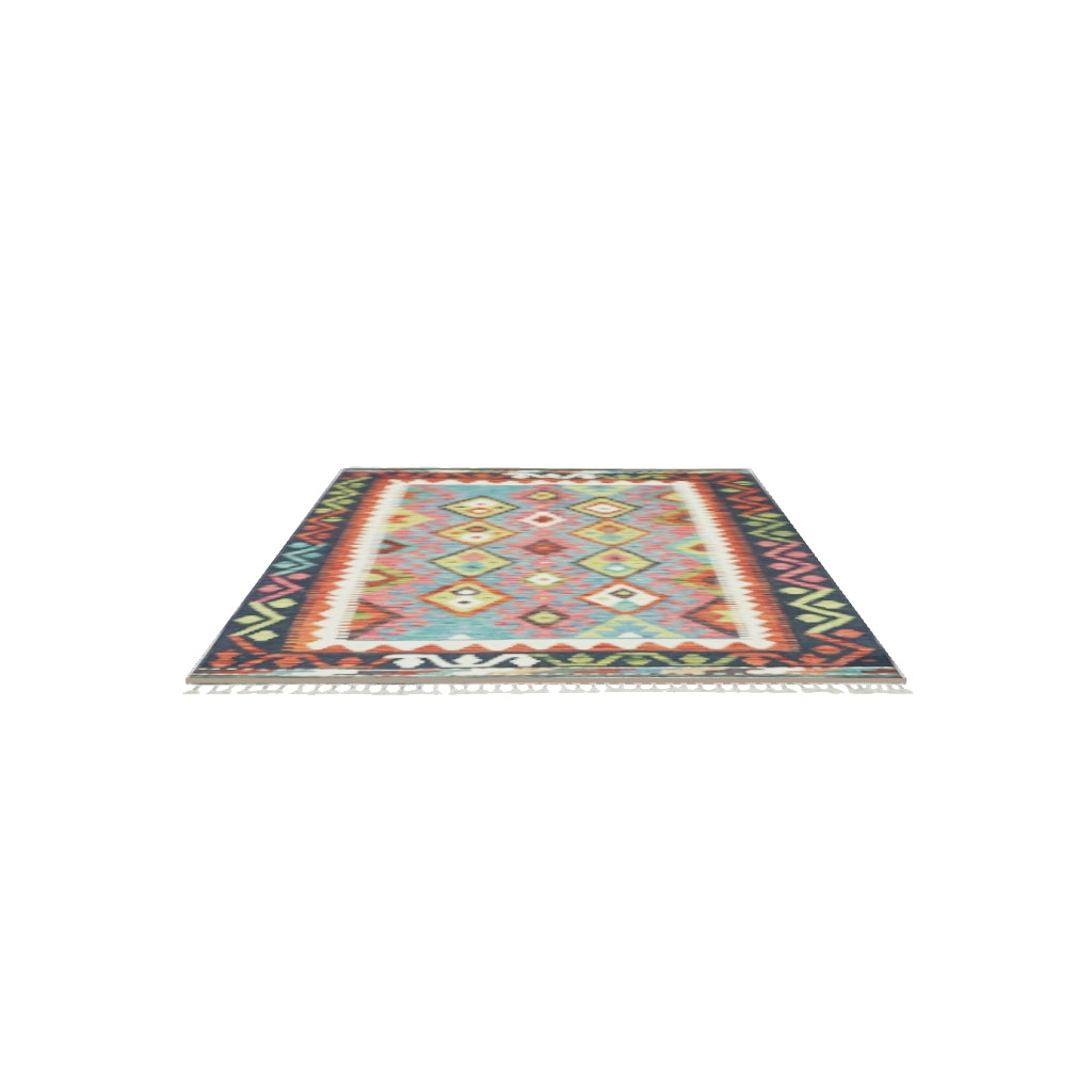 Afghan Kilim Rug 4x5 | Navy, Pink & Teal | Hand-Woven Wool Flatweave | True-Size 3D Rug | View in Your Room