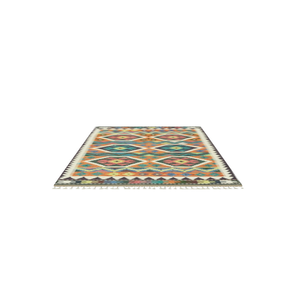 Afghan Kilim Rug 3x5 | Orange, Teal & Ivory | Hand-Woven Wool Flatweave | True-Size 3D Rug | View in Your Room