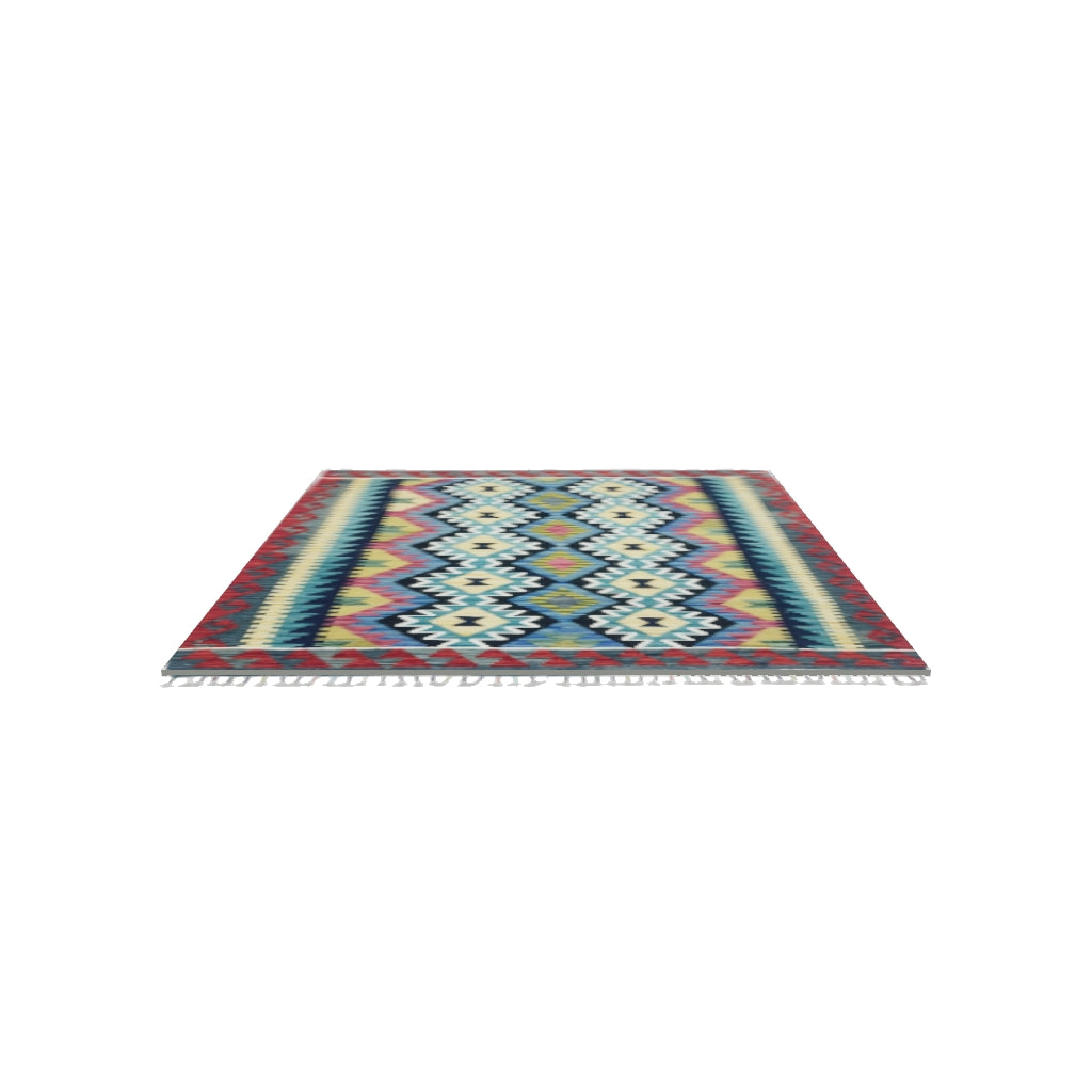 Afghan Kilim Rug 4x5 | Red, Teal & Black | Hand-Woven Wool Flatweave | True-Size 3D Rug | View in Your Room