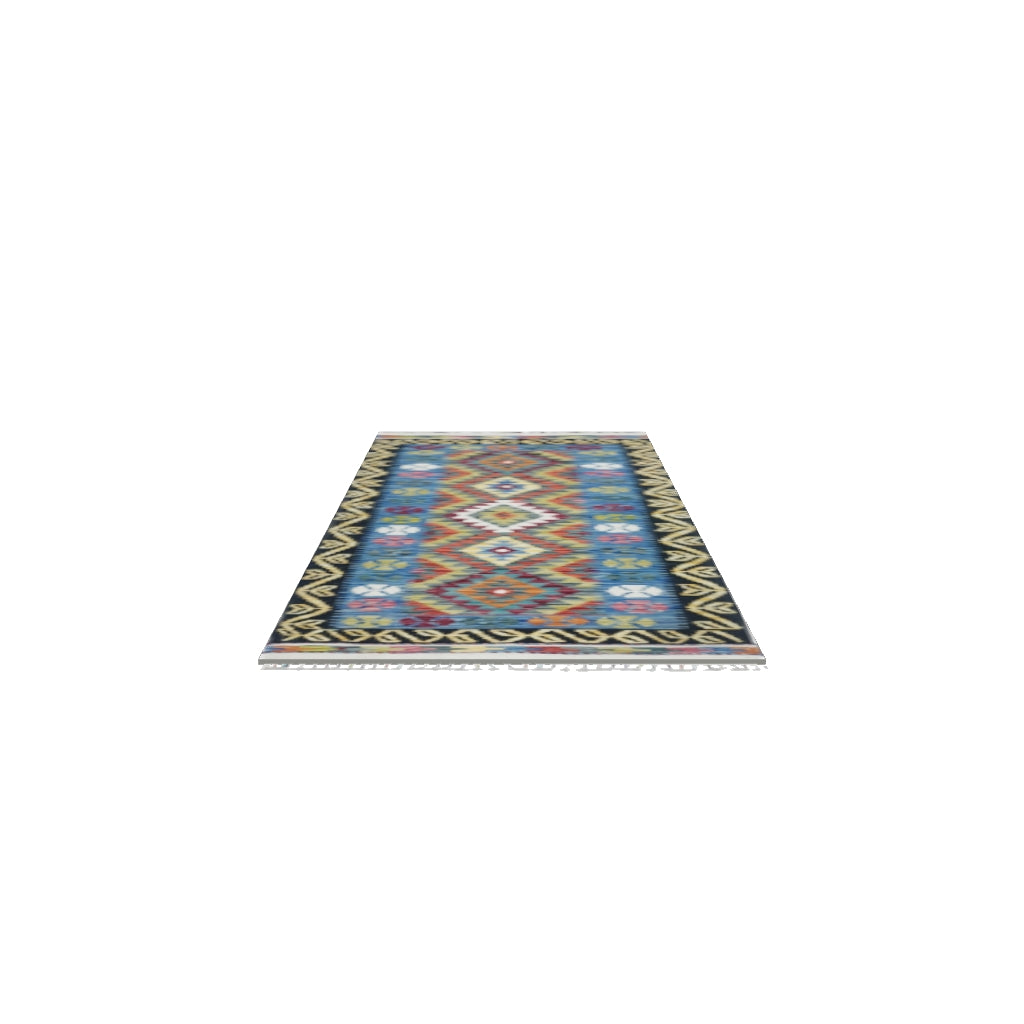 Afghan Kilim Rug 3x6 | Blue, Black & Gold | Diamond Medallion Wool Flatweave | True-Size 3D Rug | View in Your Room