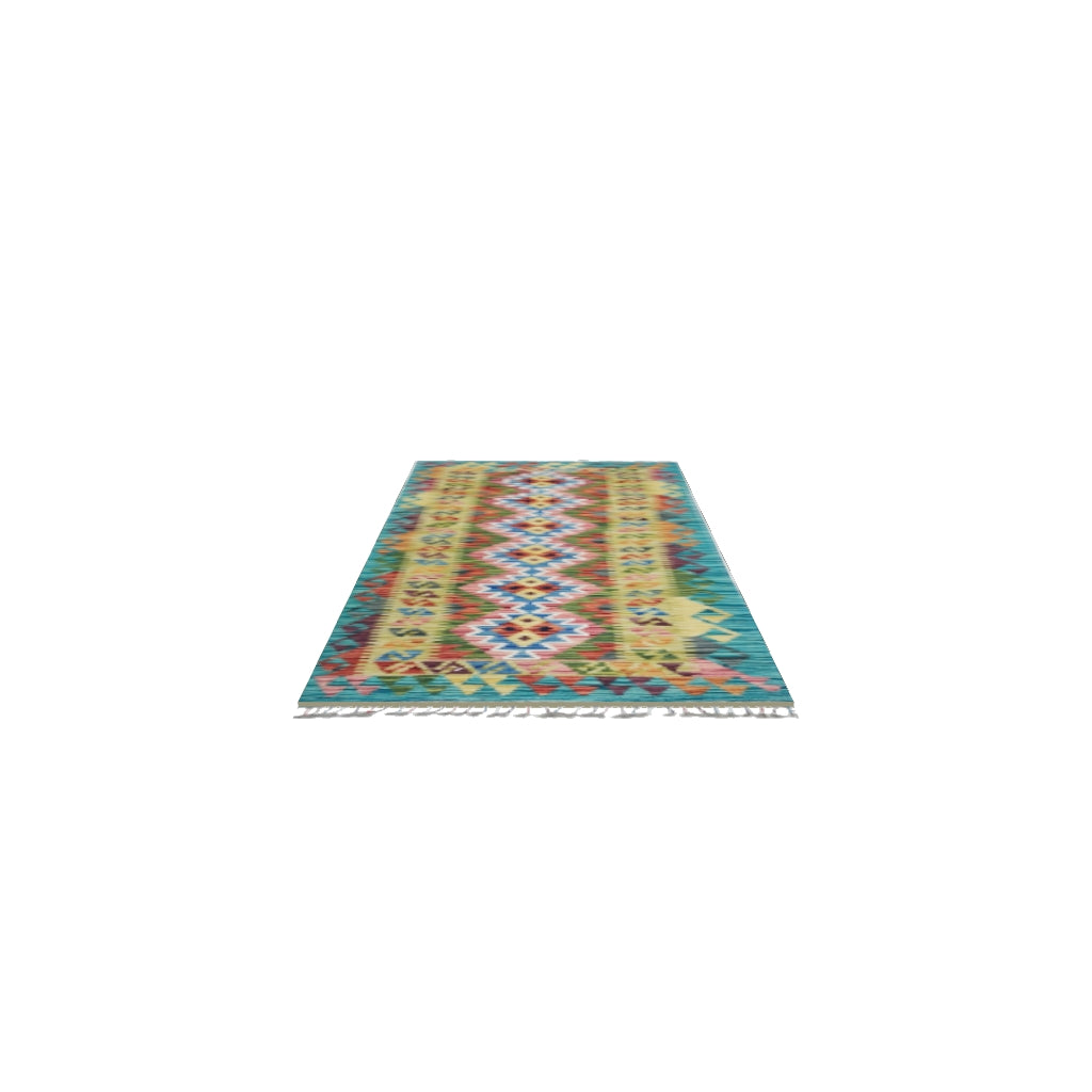 Afghan Kilim Runner 3x7 | Teal, Gold & Olive Green | Hand-Woven Wool Flatweave | True-Size 3D Rug | View in Your Room