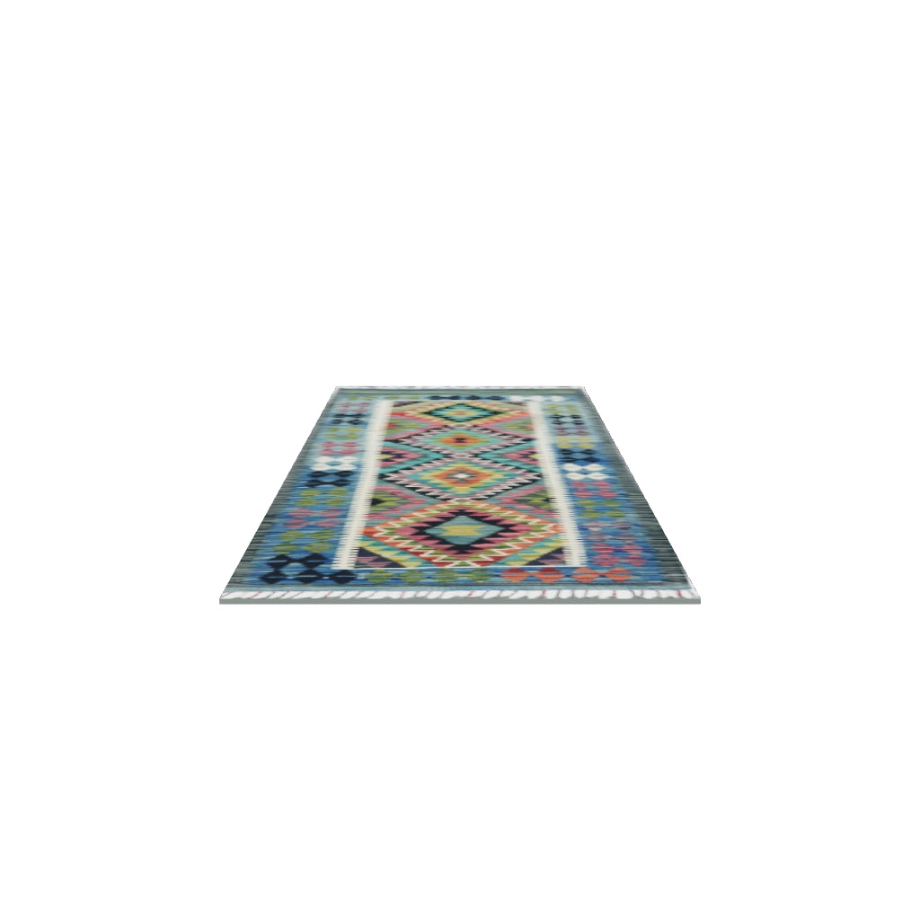 Afghan Kilim Rug 3x6 | Blue, Olive Green & Teal | Hand-Woven Wool Flatweave | True-Size 3D Rug | View in Your Room