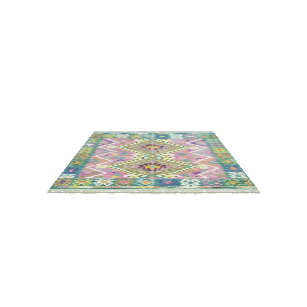 Afghan Kilim Rug 5x7 | Teal, Pink & Green | Hand-Woven Wool Flatweave | True-Size 3D Rug | View in Your Room