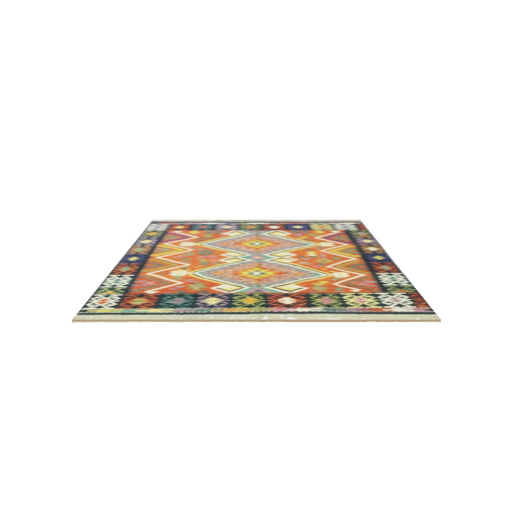 Afghan Kilim Rug 5x6 | Rust, Navy & Olive Green | Hand-Woven Wool Flatweave | True-Size 3D Rug | View in Your Room