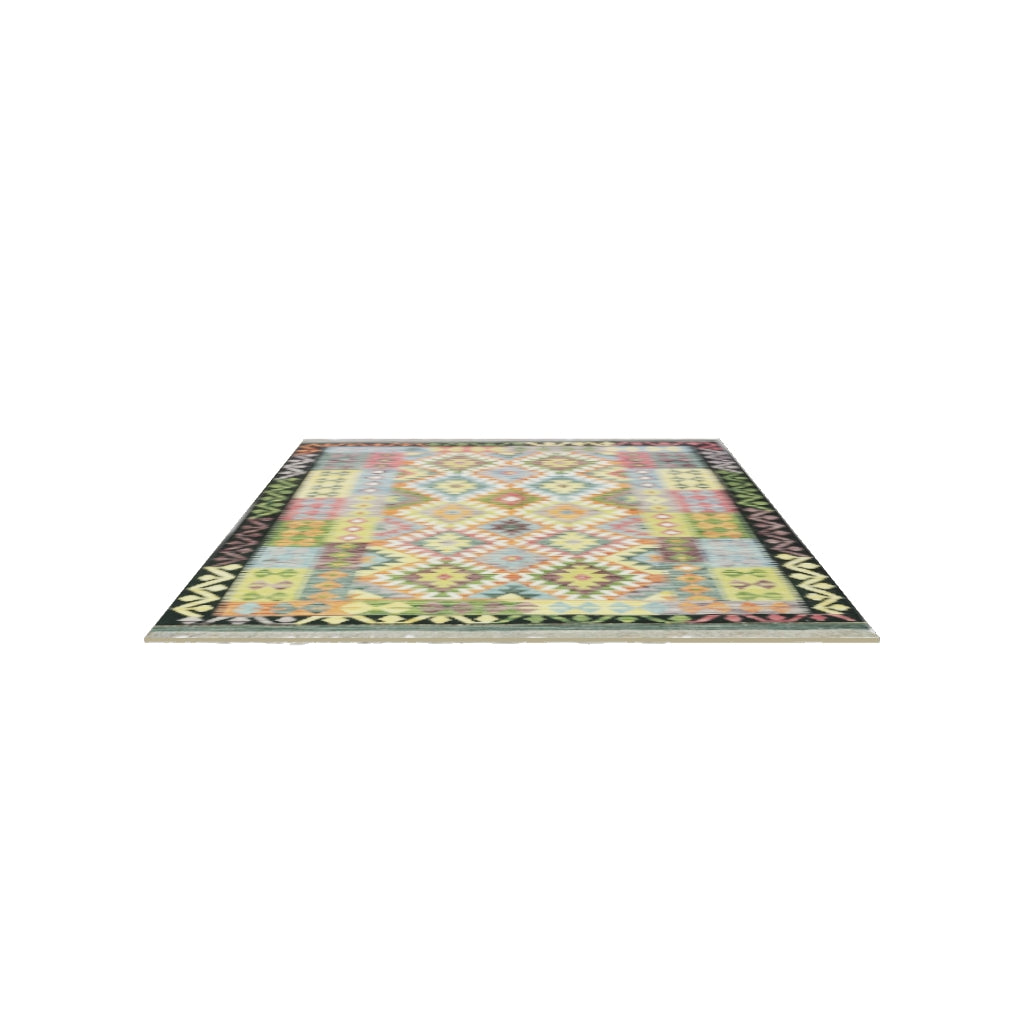 Afghan Kilim Rug 5x6 | Olive Green, Yellow & Gray | Hand-Woven Wool Flatweave | True-Size 3D Rug | View in Your Room