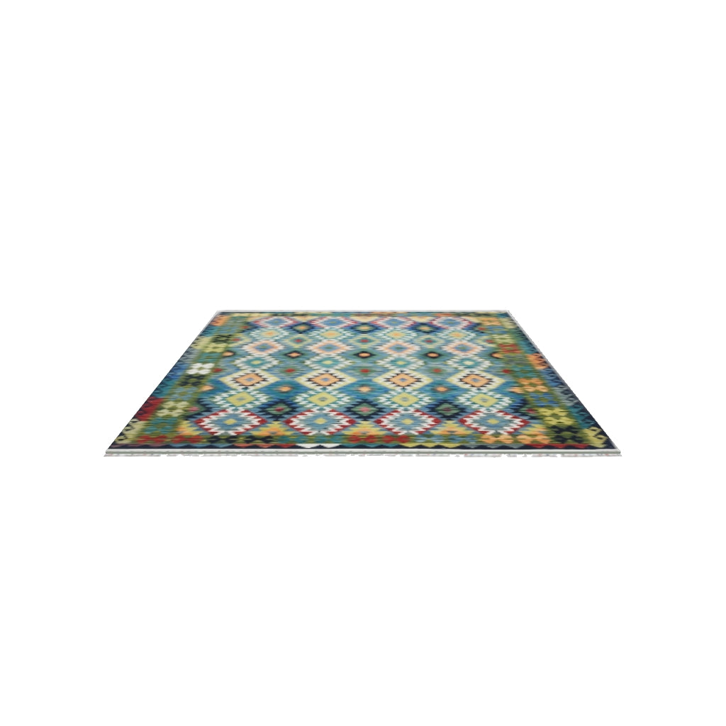 Afghan Kilim Rug 6x8 | Teal, Olive Green & Blue | Hand-Woven Wool Flatweave | True-Size 3D Rug | View in Your Room