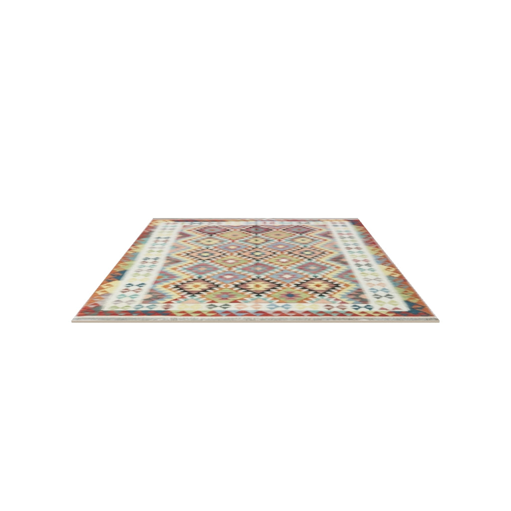 Afghan Kilim Rug 5x7 | Rust, Ivory & Navy | Hand-Woven Wool Flatweave | True-Size 3D Rug | View in Your Room
