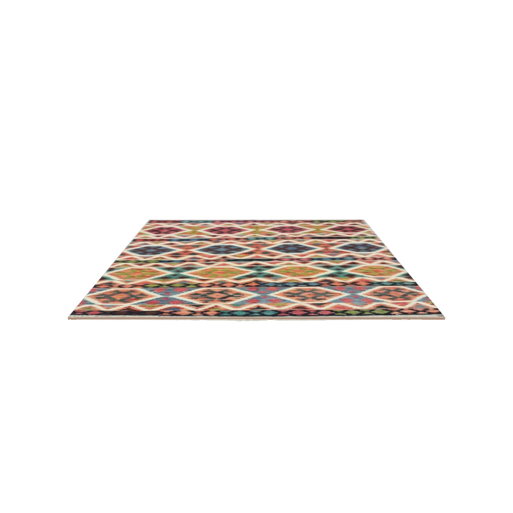 Afghan Kilim Rug 5x6 | Rust, Red & Navy | Hand-Woven Wool Flatweave | True-Size 3D Rug | View in Your Room
