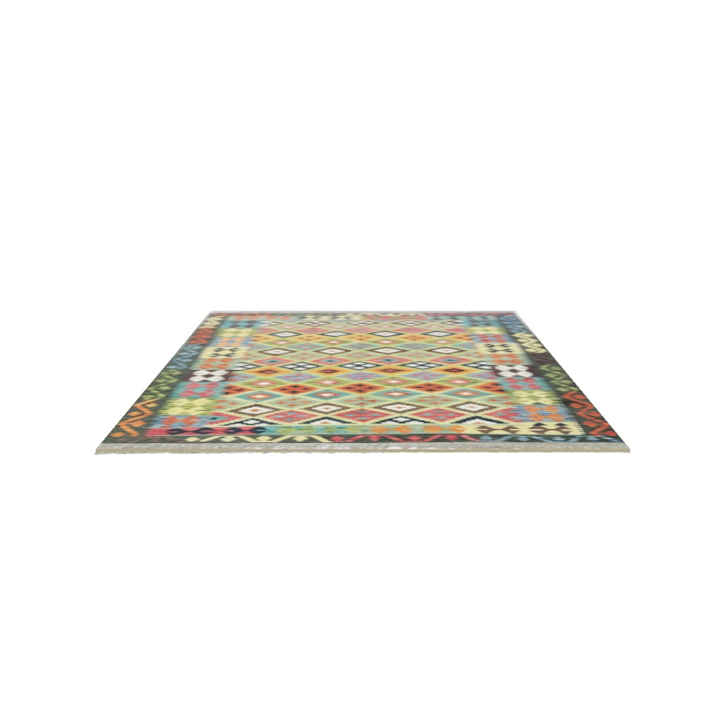 Afghan Kilim Rug 5x6 | Green, Orange & Olive Green | Hand-Woven Wool Flatweave | True-Size 3D Rug | View in Your Room