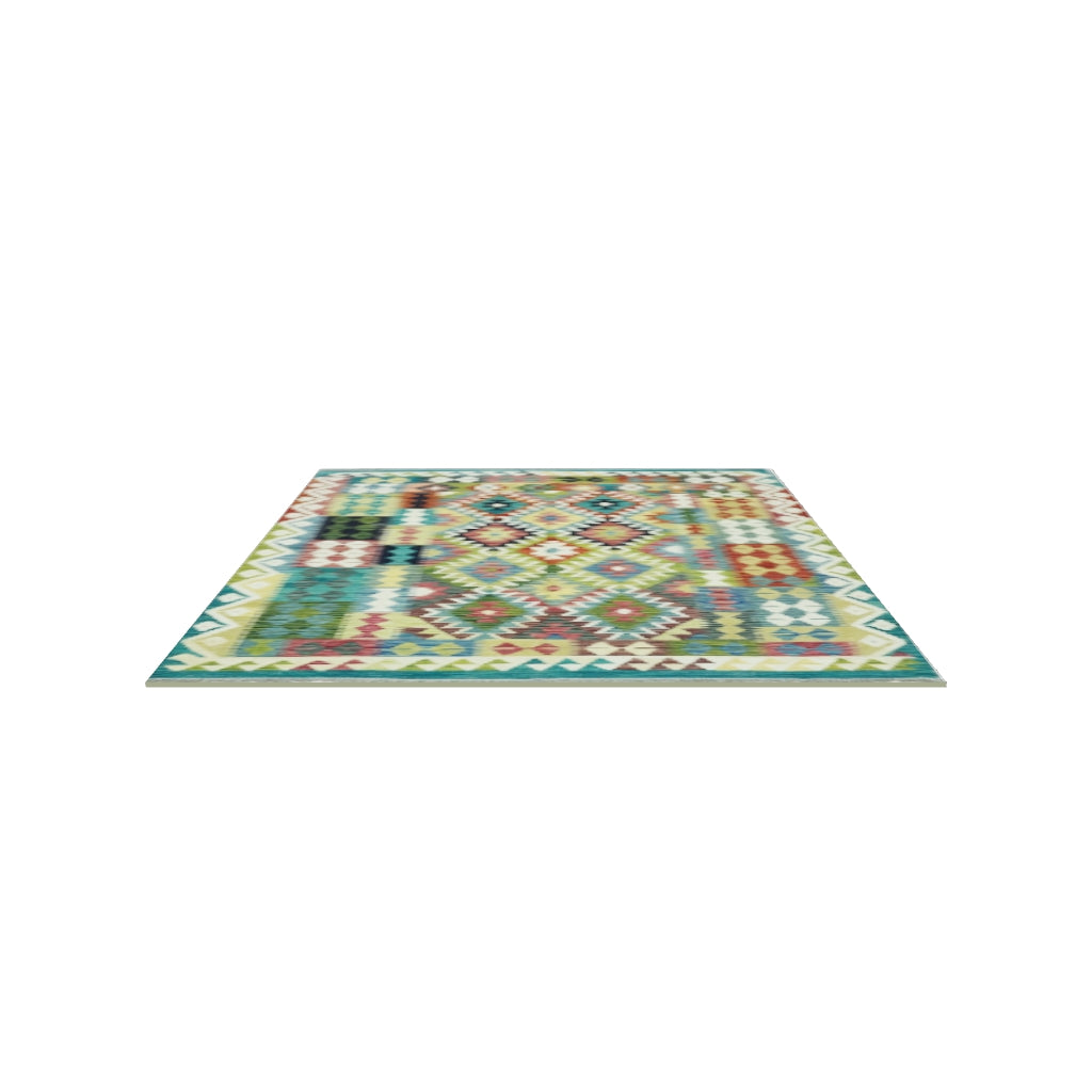 Afghan Kilim Rug 5x6 | Olive Green, Teal & Ivory | Hand-Woven Wool Flatweave | True-Size 3D Rug | View in Your Room