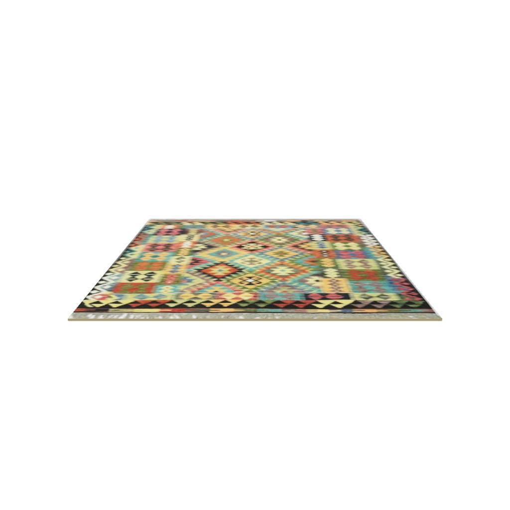 Afghan Kilim Rug 5x6 | Rust, Teal & Gold | Hand-Woven Wool Flatweave | True-Size 3D Rug | View in Your Room