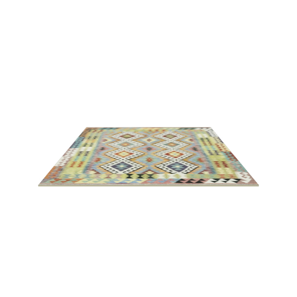 Afghan Kilim Rug 5x6 | Gray, Olive Green & Rust | Hand-Woven Wool Flatweave | True-Size 3D Rug | View in Your Room