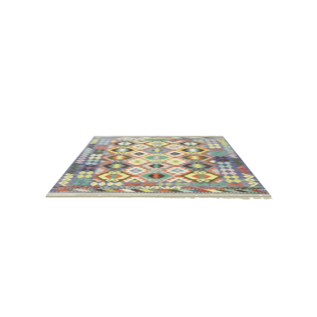 Afghan Kilim Rug 5x6 | Rust, Blue & Ivory | Hand-Woven Wool Flatweave | True-Size 3D Rug | View in Your Room