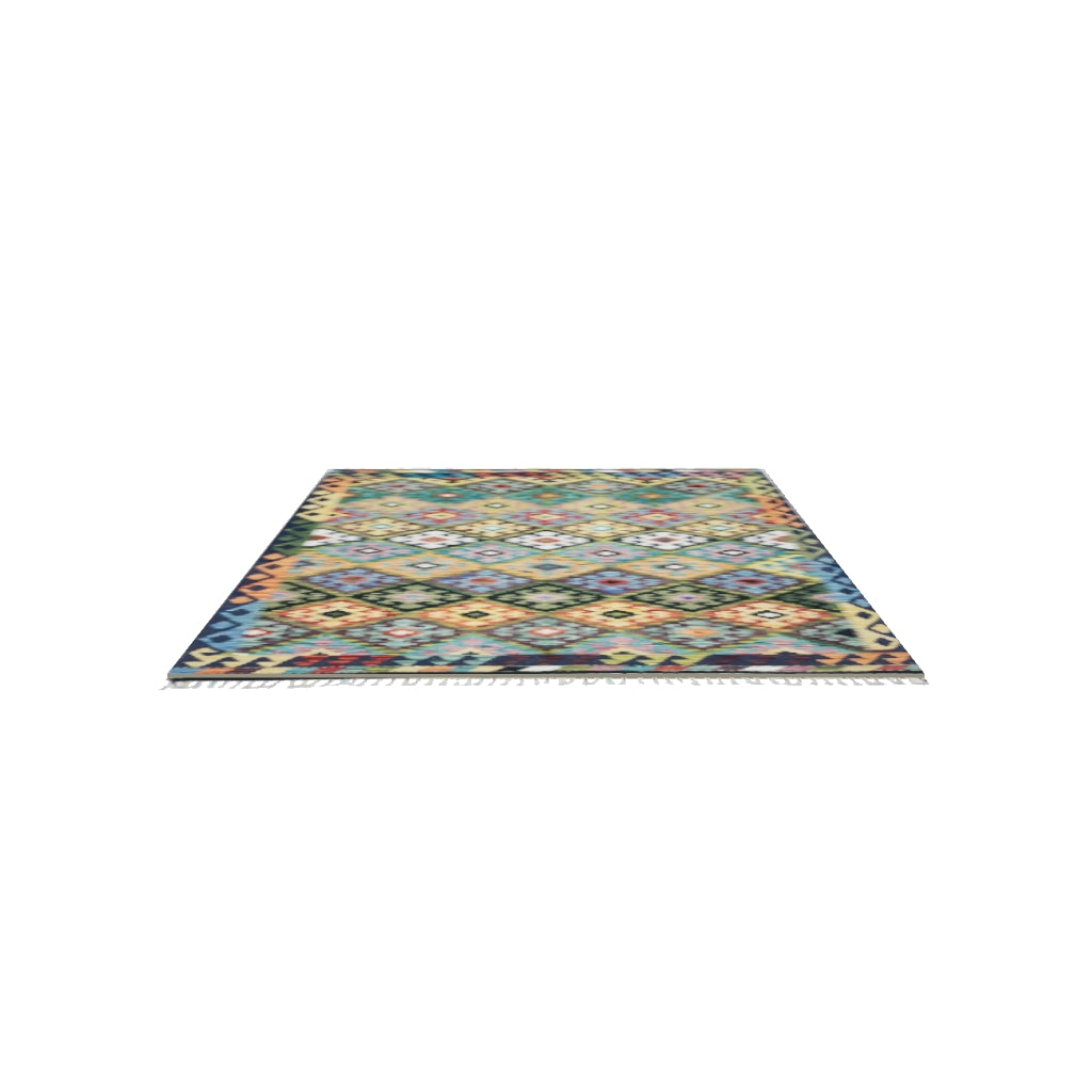 Afghan Kilim Rug 5x7 | Green, Gold & Orange | Hand-Woven Wool Flatweave | True-Size 3D Rug | View in Your Room