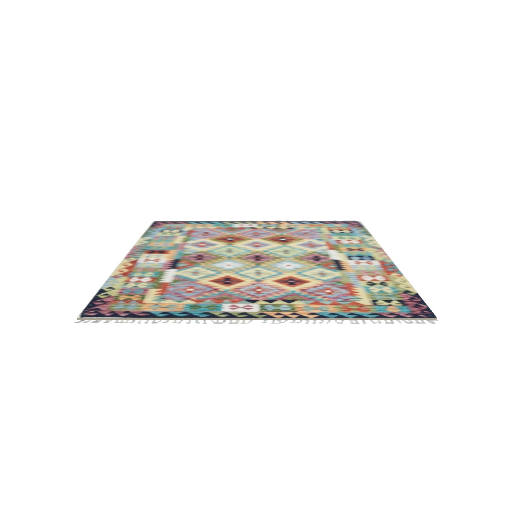 Afghan Kilim Rug 5x6 | Gold, Teal & Rust | Hand-Woven Wool Flatweave | True-Size 3D Rug | View in Your Room