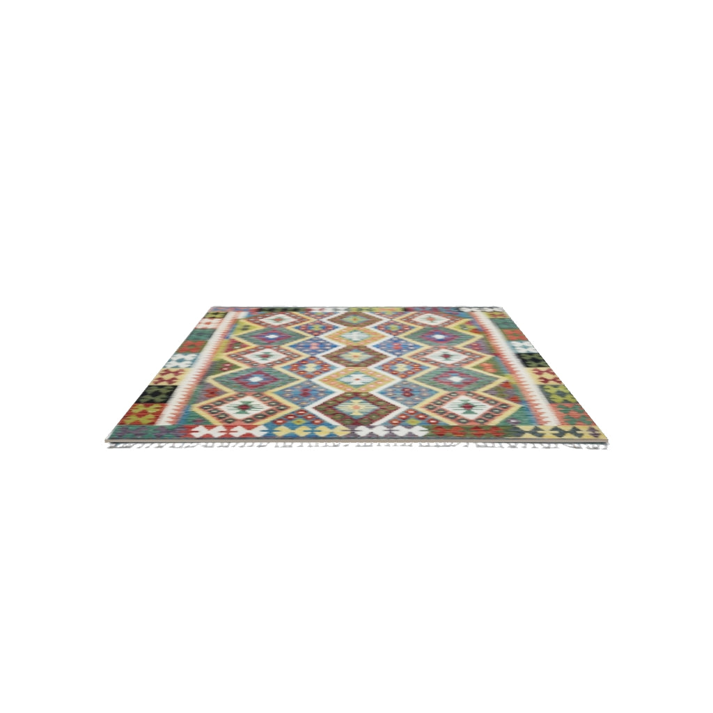 Afghan Kilim Rug 5x6 | Rust, Brown & Blue | Hand-Woven Wool Flatweave | True-Size 3D Rug | View in Your Room