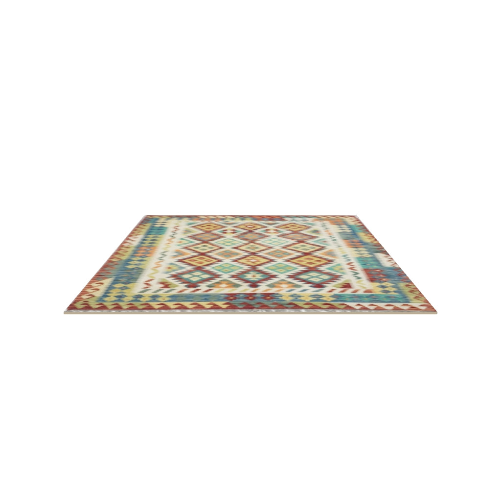 Afghan Kilim Rug 5x6 | Rust, Ivory & Teal | Hand-Woven Wool Flatweave | True-Size 3D Rug | View in Your Room