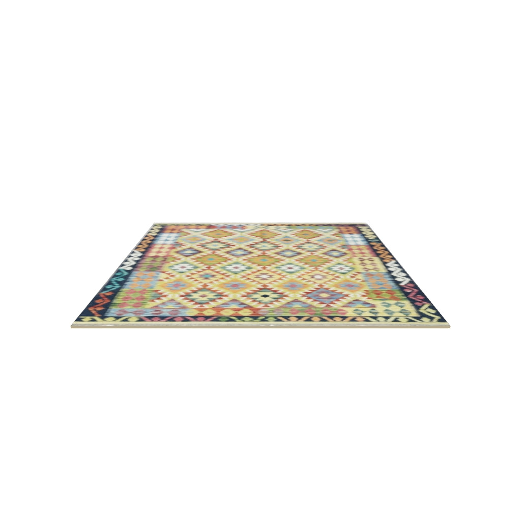 Afghan Kilim Rug 5x7 | Gold, Navy & Rust | Hand-Woven Wool Flatweave | True-Size 3D Rug | View in Your Room