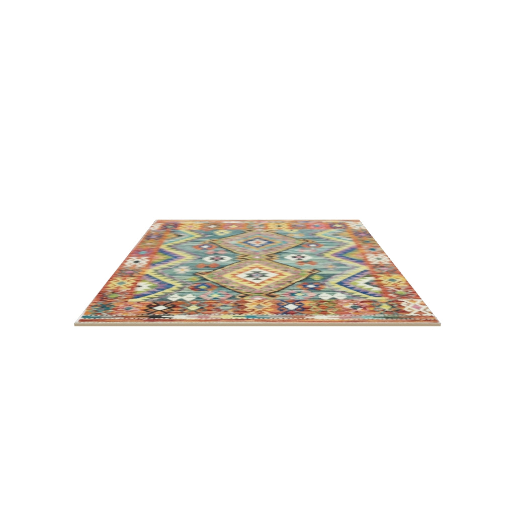 Afghan Kilim Rug 4x6 | Teal, Rust & Gold | Hand-Woven Wool Flatweave | True-Size 3D Rug | View in Your Room