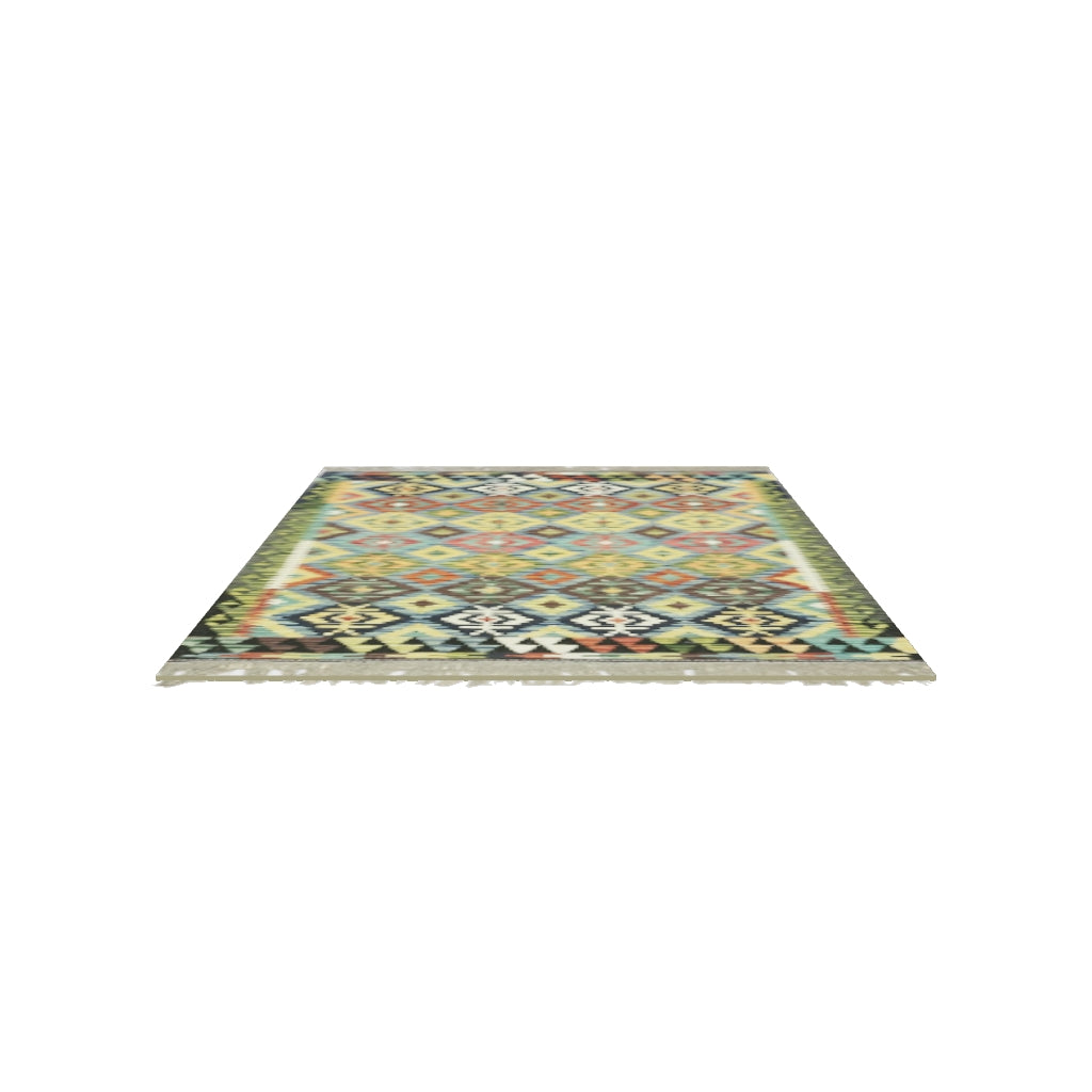 Afghan Kilim Rug 4x6 | Olive Green, Navy & Teal | Hand-Woven Wool Flatweave | True-Size 3D Rug | View in Your Room