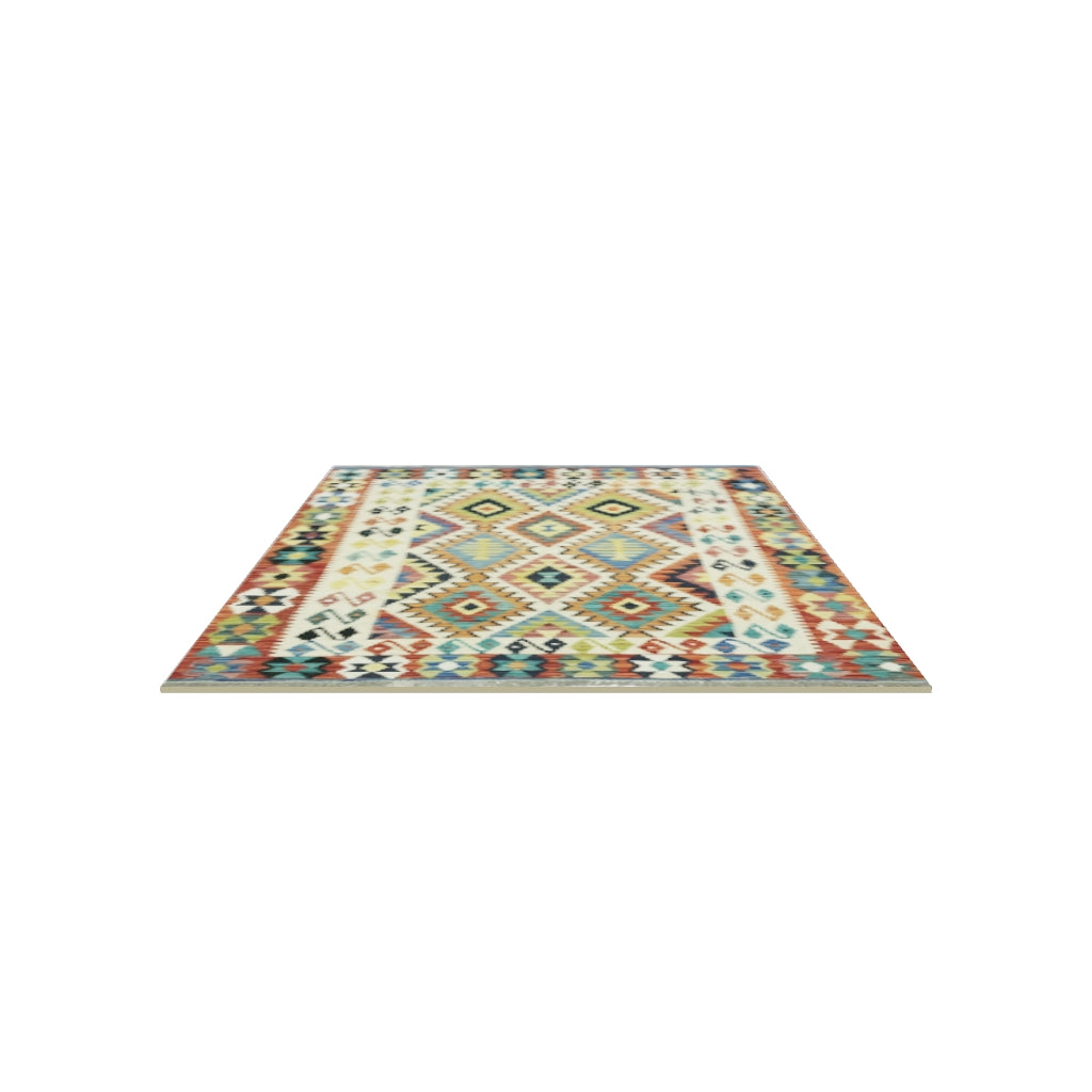 Afghan Kilim Rug 4x6 | Ivory, Rust & Gold | Hand-Woven Wool Flatweave | True-Size 3D Rug | View in Your Room