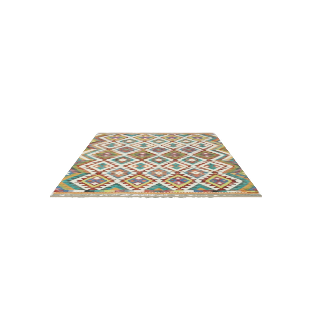 Afghan Kilim Rug 4x6 | Rust, Teal & Ivory | Hand-Woven Wool Flatweave | True-Size 3D Rug | View in Your Room