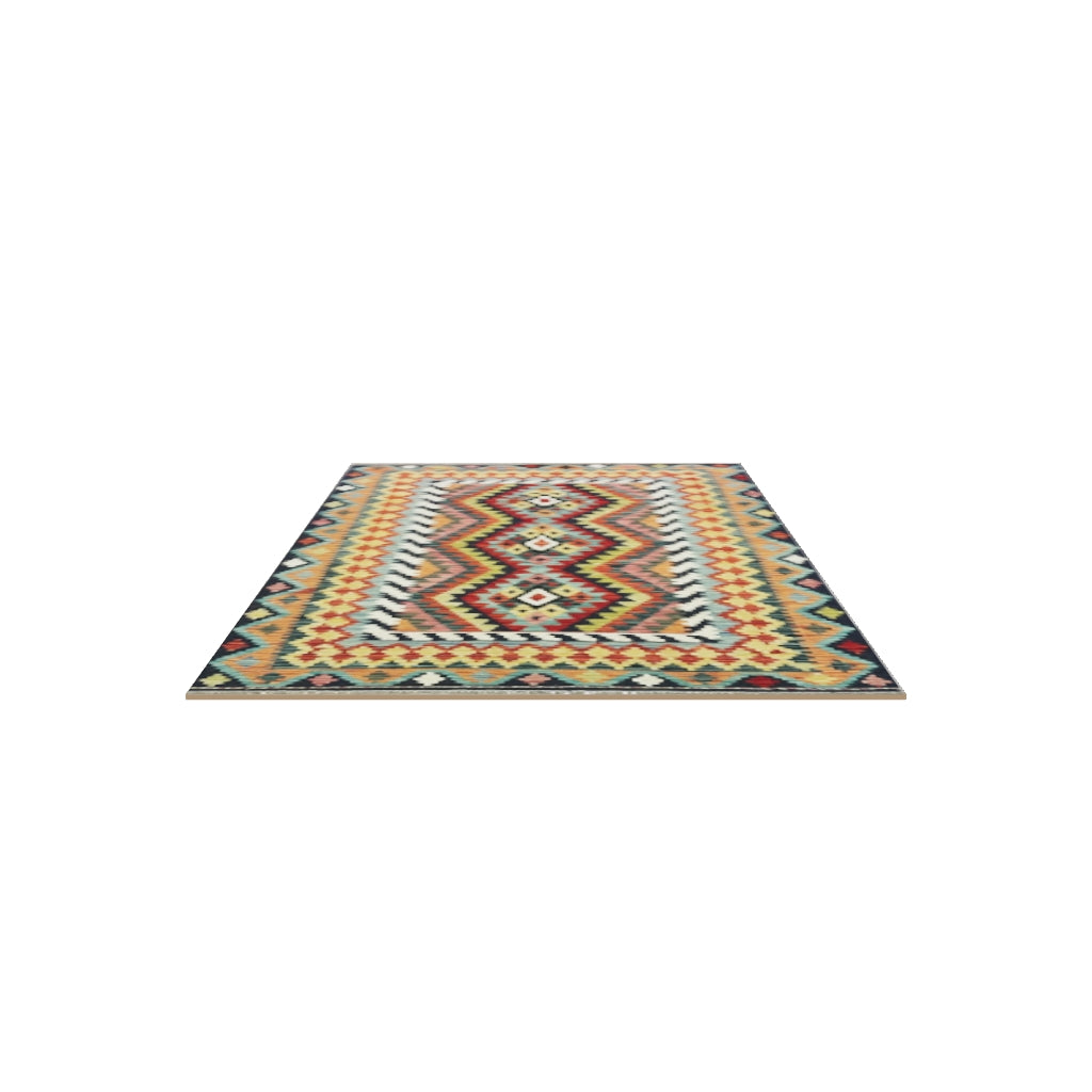 Afghan Kilim Rug 4x7 | Gold, Rust & Navy | Hand-Woven Wool Flatweave | True-Size 3D Rug | View in Your Room